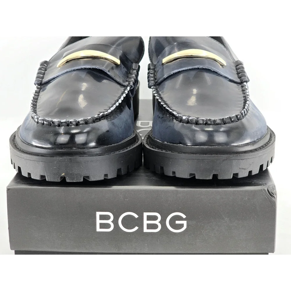 BCBG Laney Loafers Womens Size 9.5 Black Lug Sole Gold Hardware - New